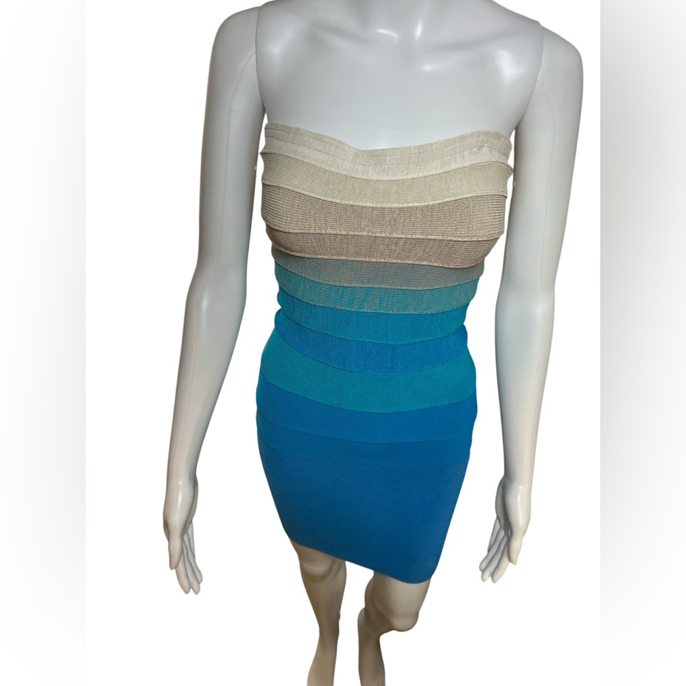 Marciano Strapless Bandage Dress in Cream, Tan and Blue Gradient